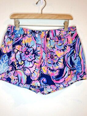 Lilly Pulitzer Run Around Shorts Women's L Pull On Floral Tropical Navy Pink